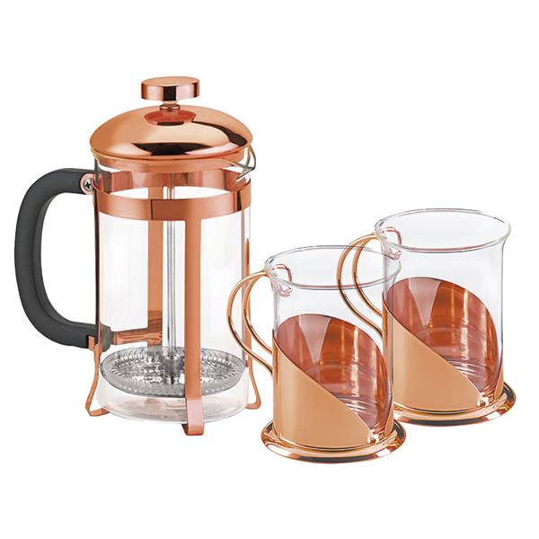 Set de cafetera francesa y tazas encobrizado