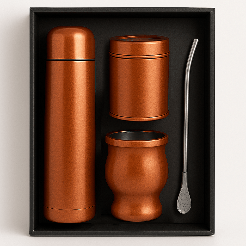 Set de mate cobrizado con bolso y lata